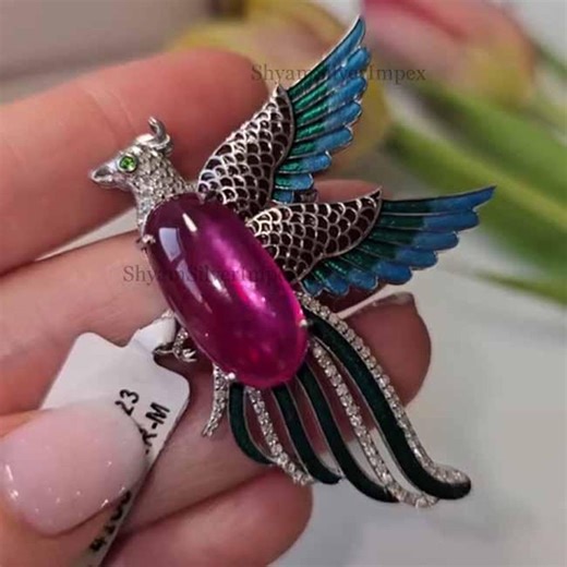 Natural Ruby & Parrot Gemstone Pendant Jewelry, 925 Sterling Silver Bird Brooch, Pave Diamond Brooch - Etsy