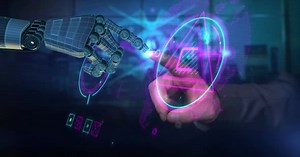 Human Hand Touching Virtual Digital Robot Hand