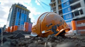 Construction Helmet on the Ground at a Work Site: An Essential Safety Gear for Workers. Concept Construction, Helmet, Safety Gear, Work Site, Workers