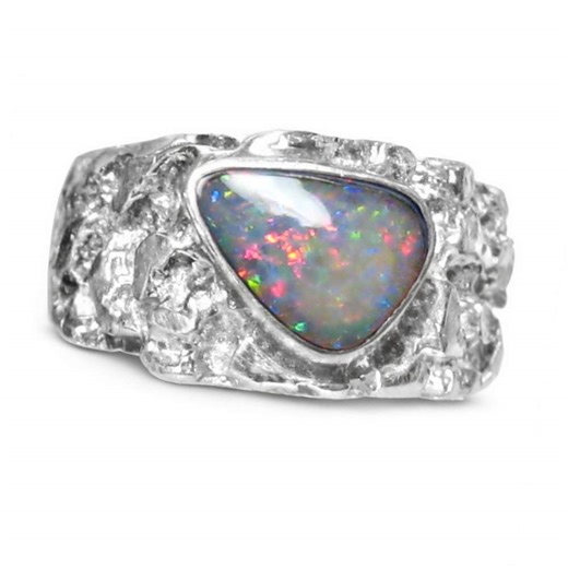 Mens White Opal Ring Sterling Silver Nugget Band 9099