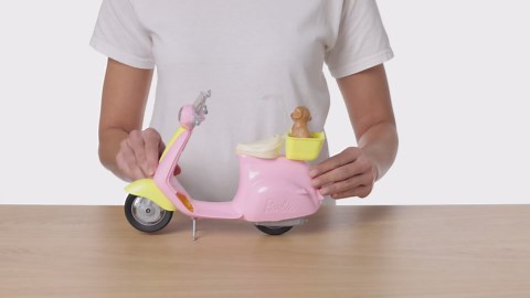 Barbie Toy Scooter with Puppy & Helmet Accessory, Pink & Yellow Moped with Basket, Kickstand & Seat Clip for Doll