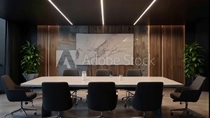 Modern Conference Room Interior Design with Wooden Paneling and Linear Lighting