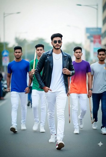 Ultra-realistic, high-resolution full-body portrait of young man, with his exact face and hairstyle perfectly matching the uploaded reference image, hairstyle impeccably styled, looking directly at the camera. Accessories include sunglasses with gold detailing, a wrist watch, and a gold chain around his neck. Man wears a black leather jacket, white t-shirt, white Jeans, white sport shoes. the man in the uploaded photo is walking on a road surrounded by people. He has one hand in his jeans pocket