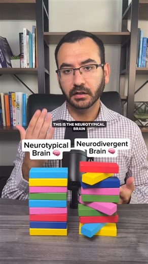 The neurotypical brain vs the neurodivergent brain. Both brains have the same building blocks: focus, memory, creativity, organization, emotion. But they form differently. In neurotypical development, neural connections usually organize in a steady, predictable rhythm. In neurodivergent development, those same connections form in more variable patterns. Some pathways become extra strong, like focus and creativity, while others, such as organization, or sensory sensitivity, might connect less tig