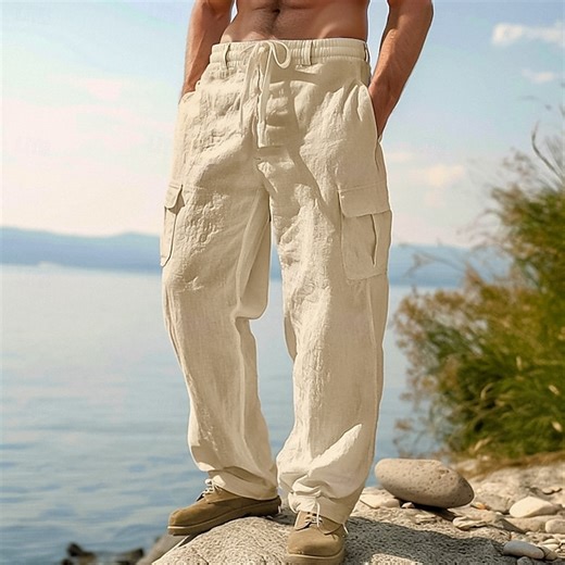 Men's Linen Pants Trousers Summer Pants Drawstring Elastic Waist Straight Leg Plain Comfort Breathable Full Length Casual Daily Holiday Vacation Fashion Black White 2025 - $27.99