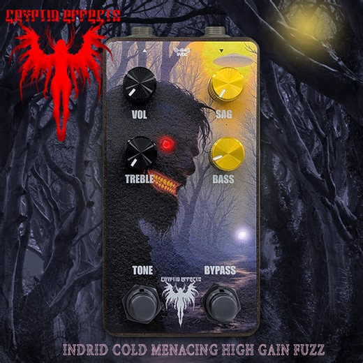 Cryptid Effects unleashes a super versatile somewhat Menacing Indrid Cold Grinning Man High Gain Transistor Fuzz with asymmetrical clipping OpAmp input stage