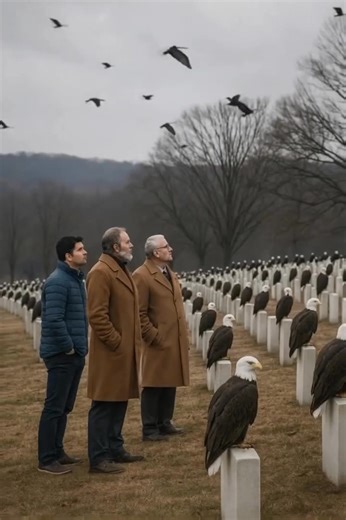 During the soldiers’ funeral, something unbelievable happened: dozens of eagles suddenly descended onto the gravestones — leaving everyone speechless. 😨😱 A hundred fallen soldiers, all buried side by side, each with the same simple gravestone — a powerful symbol of unity, sacrifice, and eternal honor. Families had gathered on that cold autumn day, holding flowers, handkerchiefs, and memories that weighed heavily on their hearts. As the minute of silence began, the cemetery stood completely sti