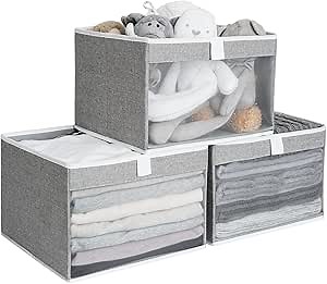 StorageWorks Closet Storage Bins, Large Storage Baskets with Clear Window and Handles, Foldable Fabric Organizer for Clothes, Shelves, Gray, 3 Pack