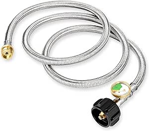MCAMPAS 6FT Propane Hose Adapter 1lb to 20lb with Guage,1lb to 20lb Stainless Braided Propane Propane Tank Hose Adapter Converter for Coleman Stoves, Blackstone Grills, Buddy Heater, Tabletop Grill