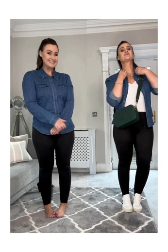 10K views · 74 reactions | It’s all in the detail… style up this simple denim shirt and leggings to really level up the look! Add white trainers, bold accessories, cami top, leave open, turn up sleeves and cool cross body bag! Good to go! “Follow for more style tips” | Gails Rails | Facebook