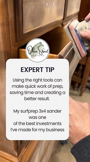 Having the right tools makes all the difference. This sander is one of the best things I’ve purchased to date. Gets in places an orbital can’t and doesn’t damage round or curved edges. I use it on every piece of furniture I work on. Comment “sander” for more information on the sanders that I use. I’ll also send you a discount link! #therighttool #diy #sanding #woodworking #surfprep #furniturerefiniahing #refiniahedfurniture | Olive Street Designs
