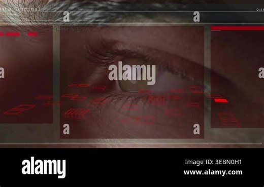 Adult male viewing tech HUD overlay rising over eye, text cols scrolling scanbar sweeping for audit. Iris, pupil, terminal, holographic, neon, scanline, glitch Stock Video Footage - Alamy