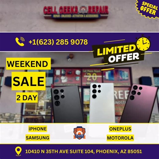 Cell Geeks & Repair on Instagram: "UPGRADE YOUR PHONE, PHONES STYLE AND PROTECTION WITH CELL GEEKS & REPAIR | BEST REPAIRING SERVICE IN TOWN! Broken Device? We’ll fix it... ⏱️ On-the-Spot Repairs in Just 15 Minutes! Our Services 👉 Repairing Smartphone & iPads 👉 Repairing Laptops & Computer 👉 Repairing Tablets and Apple Watch 👉 Buy and Selling 👉 Phone Unlock Open 7 Days a Week: 🕒 Hours: Mon to Sat 10 AM - 8 PM and Sat 10 AM - 6PM 📍 Location: 10410 N 35th Ave Phoenix 📞 Call Us: 623 285 907