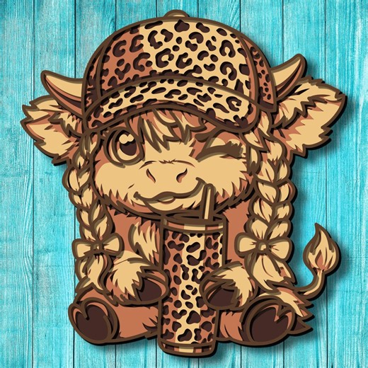 Highland Cow Girl Layered SVG, Leopard Print Cap, 3D Mandala Laser Cut File - Etsy