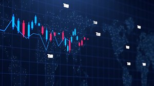 Financial business diagram video with graphs and stock numbers showing profit and loss over time. Full HD 3D dark blue finance animation