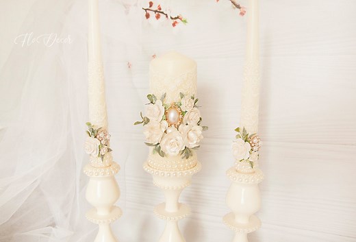 Wedding Ivory Unity Candle Set & Holders, Lace Wedding Ceremony Candles With Flowers, 6pcs - Etsy
