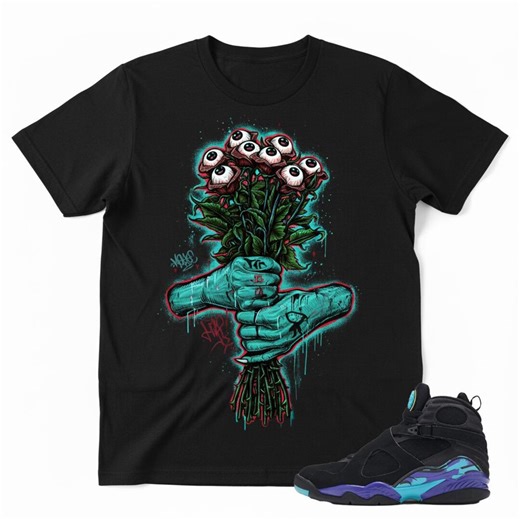 AJ 8 Aqua Sneaker Match T-shirt – Black – Eyeball Flower Bouquet Dark Art Streetwear Tee - Etsy