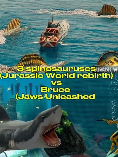 Three spinosaurus from Jurassic Park rebirth versus Bruce from Jaws unleashed!