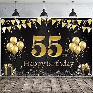 JOYKY Happy 55th Birthday Banner, Black Gold 55th Birthday Party Decorations for Men Women Her Him, 55 Year Old Birthday Supplies Backdrop Décor, 5.9 X 3.8 Fts
