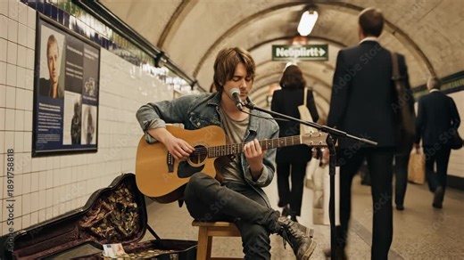Male street musician playing acoustic guitar and singing in a busy subway station. Young busker performing for commuters walking by in an underground tunnel. Urban music performance concept