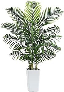 Artificial Palm Tree 5FT - Tall Fake Tree with White Taper Planter & Pebbles, UV Resistant for Indoor & Outdoor, Large Potted Faux Plant, Tropical Areca Floor Plant for Living Room, Office, Home Decor