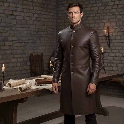 Mens Leather Long Coat | Structured Stand Collar Overcoat | Tailored Formal Layer Button Front Outerwear | Medieval Inspired Leather Coat - Etsy