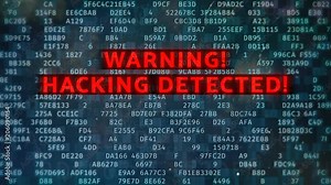 Warning, hacking detected message on screen, hacking background. Screen text with warning message