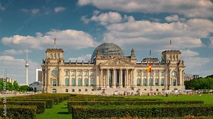 BERLIN, GERMANY - MARCH 1, 2024: Timelapse hyperlapse view of Berlin Reichstag, famous historical social touristic historical landmark.