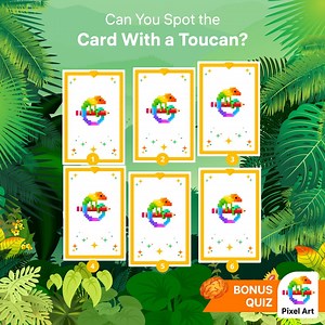 Can you keep an eye on the toucan card till the end? 🕵️‍♂️🃏 If yes, we’re waiting for your answers ⬇️⬇️ #PixelArtQuiz | Pixel Art - Color by Number