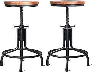 Topower Antique Industrial Design Metal Adjustable Height Kitchen Dining Breakfast Chair Industrial Style Bar Stool Fully Welded 18.5-22.4 inch Set of 2 (Black, Wooden Top)