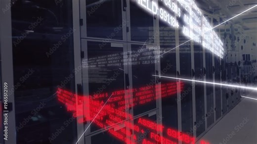 White ticker appearing, scrolling while racks reflecting red text and streaks, showing market data