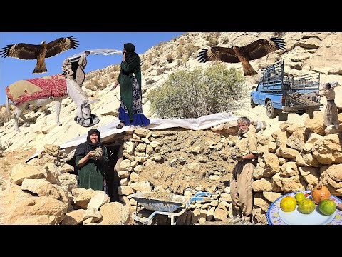 Building a strong wall for a donkey shelter in the mountains with all-natural materials:Nomadic life