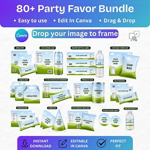 80  Party Favor Template Bundle Editable Canva Chip Bag, Water Bottle, Pringles, Rice Krispies, Candy Wrapper Drag & Drop Party Printable - Etsy