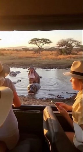 Angry Hippo Charges Safari Vehicle!
