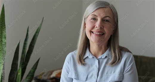 Senior grey-haired woman waving hand talking to webcam video conference calling, online chat meeting at home.