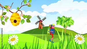 Tourist walking among countryside landscape, 2d cartoon animation Stock Video