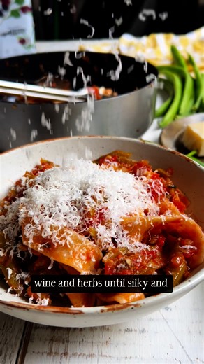 Think green beans are a bit bright and squeaky? Think again. In this simple ragu, they're slow-cooked and melt-in-the-mouth silky. We think you're going to love them. You can use French, Flat and Runner beans - whichever you're currently dealing with a glut of, and it batch cooks beautifully too. Serves 2 You'll need: olive oil 250g green beans – runner, French of flat beans would be ideal 1 red onion, finely diced 2 garlic cloves, finely chopped 400g tomatoes, roughly chopped – or use a tin of 