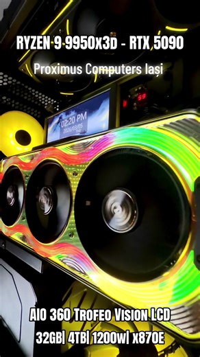 31.500 lei, Tva inclus Garanție ! Magazin Proximus Computers Iași 0770.997.909 Procesor Ryzen 9 9950x3d Placa de bază Gigabyte X870E AORUS ELITE WIFI7 AM5 Palit GeForce RTX 5090 GameRock 32GB GDDR7 512bit Sursa CORSAIR RM1200e 80 Gold, Full Modulara 1200W, ATX Carcasa tryx LUCA l70 Black Thermalright Trofeo Vision 360 ARGB Black CPU Liqud Cooler,6.86-inch Magnetic IPS LCD Screen with 2400x1080 Resolution,Free to DIY a Variety of Themes 32GB DDR5 Fury 6000 CL 30 SSD 4TB WD PCI 4.0 ---------------