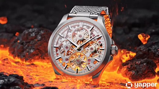 Google Veo 3.1 on @yapper_soPrompt:A high-end skeleton mechanical watch with a brushed titanium case and finely woven metal strap rests embedded within cracked volcanic rock, glowing rivers of molten lava flowing beneath and around it, casting an intense fiery orange illumination that radiates through the exposed inner mechanics of the dial. The scene opens in an ultra-tight macro shot, the camera positioned low and close, slowly tracking laterally along the lava fissure without any zoom-out, ma