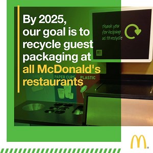 At 37,000 restaurants in more than 100 countries we’ll use our #ScaleforGood to lessen our environmental footprint. By 2025 our goals are to recycle guest packaging at all McDonald’s restaurants, recognizing infrastructure challenges, and that 100% of guest packaging will come from renewable, recycled or certified sources. http://McD.to/PackagingAndRecycling | McDonald's