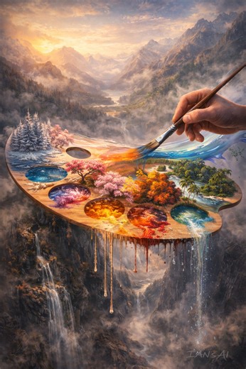 Bing Prompts | Nature’s Color Theory Masterclass “Editorial magazine cover: an oversized natural wood painter’s palette serving as a bridge across a mountain v... | Facebook