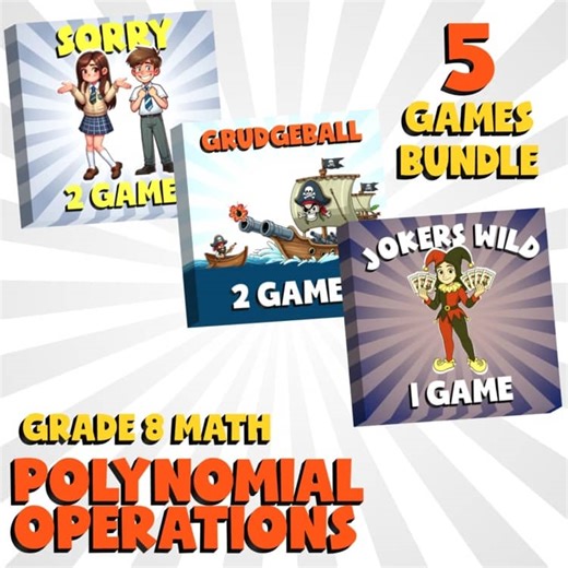 5 No Prep Math Games Bundle C - Polynomial Operations - Grade 8 Review Activity