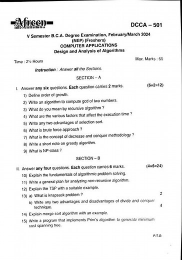 Design and Analysis of Algorithms Question paper of BCA 5th semester NEP 2024 #exam #questionpaper