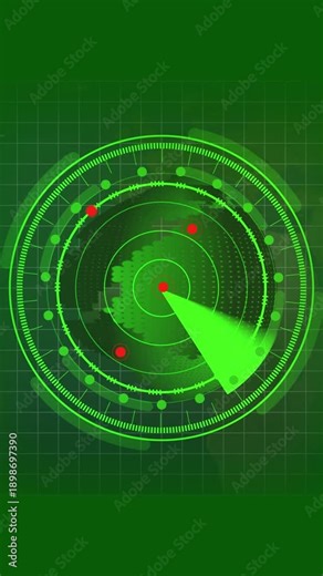 Green radar display with a pixelated globe, red targets, and a sweeping green beam on a textured green grid