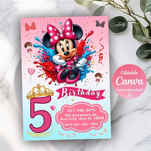 Minnie Mouse Birthday Invitation | Girls Party Invite | Digital Download | Canva Template | Pink Minie Invite - Etsy