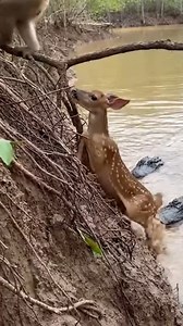 Monkey Saves Fawn From Hungry Crocodiles Chitwan National Park, Nepal — October 14, 2025 A dramatic scene of survival unfolded at the edge of a muddy riverbank as a monkey staged a daring rescue to save a young fawn from the jaws of waiting crocodiles. The incident, captured by a group of tourists on a morning safari, shows the unlikely interspecies cooperation in the wild. The footage begins with the small, spotted deer struggling to gain footing on a slippery, steep embankment. As two large cr