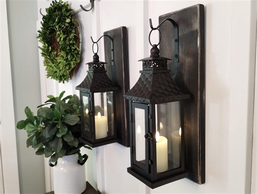 Rustic Black Lantern Wall Decor Set, Knotty Pine Board, Farmhouse Candleholder - Etsy