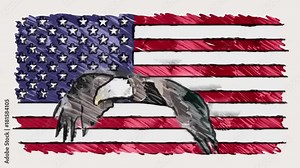 stop motion of marker drawn USA flag with bald eagle fly cartoon animation seamless loop - new quality national patriotic colorful symbol video footage