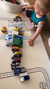 Have you ever heard of schemas of play?They’re patterns of repeated behavior that help kids make sense of the world. One common one is the positioning schema, that’s when children line things up, sort them, or arrange objects with precision. My son’s a total positioning kid, he loves order, logic, and making things ‘just right.’ And while it might look like he’s just lining up trucks, gems, and cones, he’s actually building early math skills like sorting, sequencing, comparing, and spatial aware