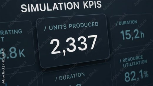 Simulation KPIs in Engineering Metrics on Units Produced, Duration of 15.2 Hours, and Resource Utilization at 82.1% for Enhanced Performance Stock Video